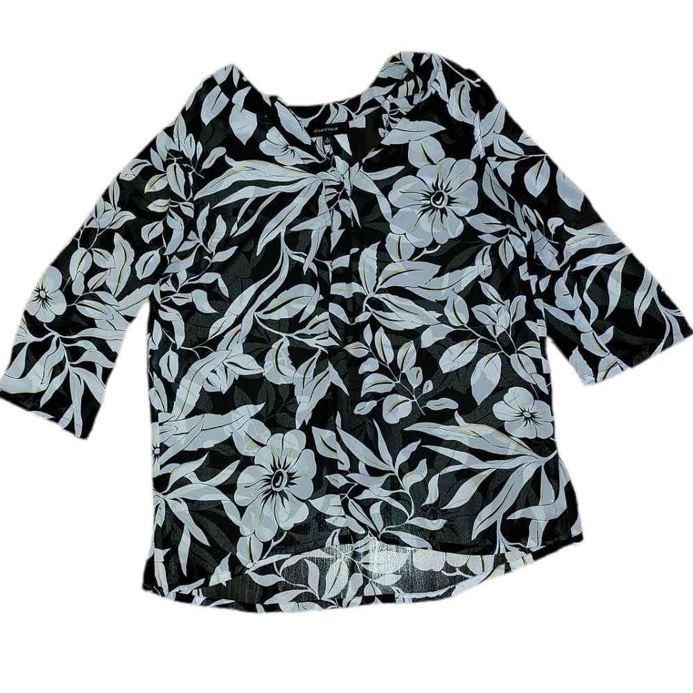 Jones Wear Sheer Chiffon Blouse sz 8 Black White & Yellow Floral Print V Neck